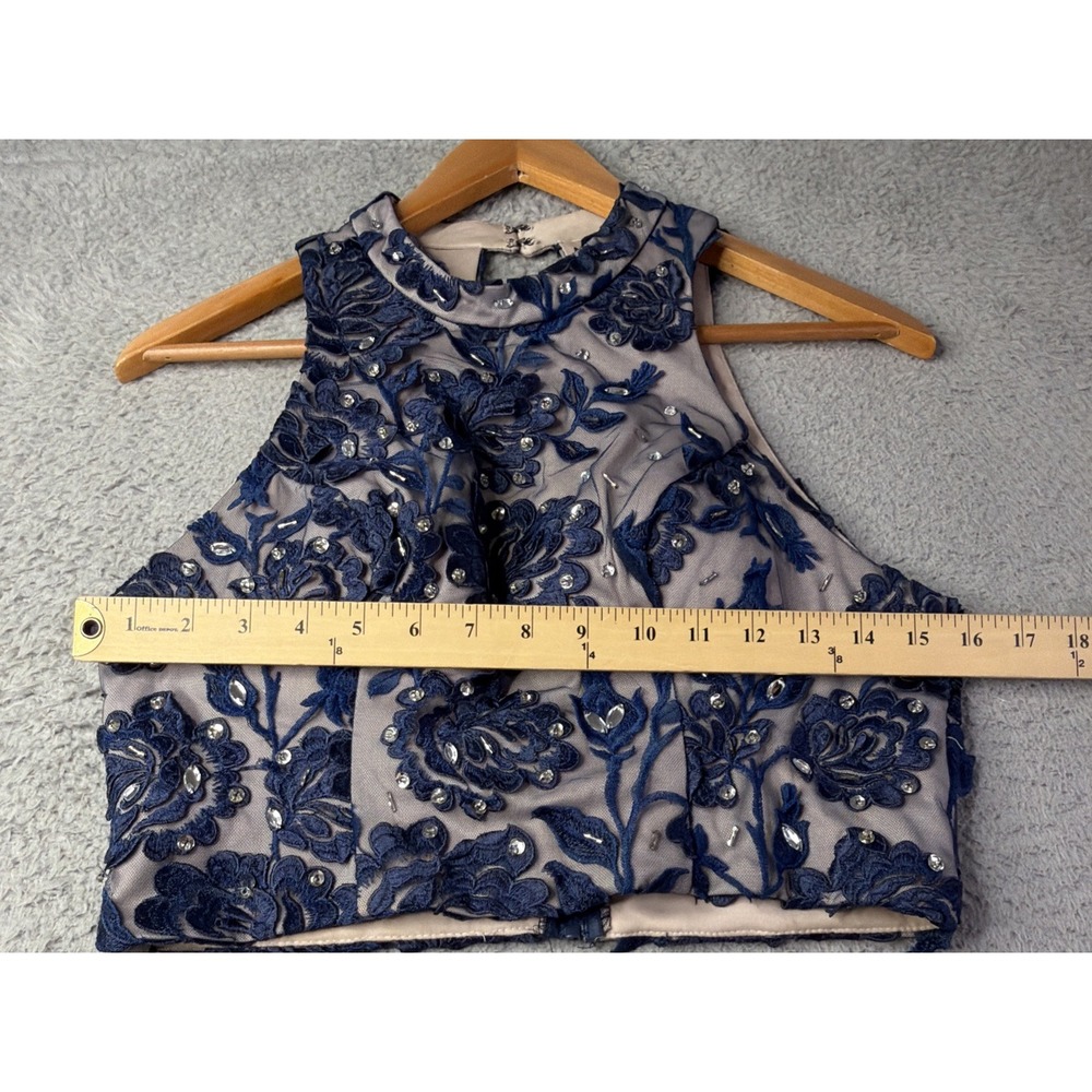 Sequin Hearts Top Womens Size 11 Medium Blue Floral Tan Lined Beaded Top - Picture 3 of 9